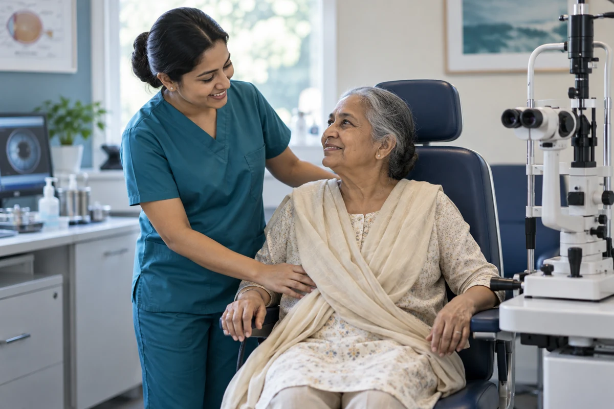 Illustrative care: a nurse helping a patient with an eye examination