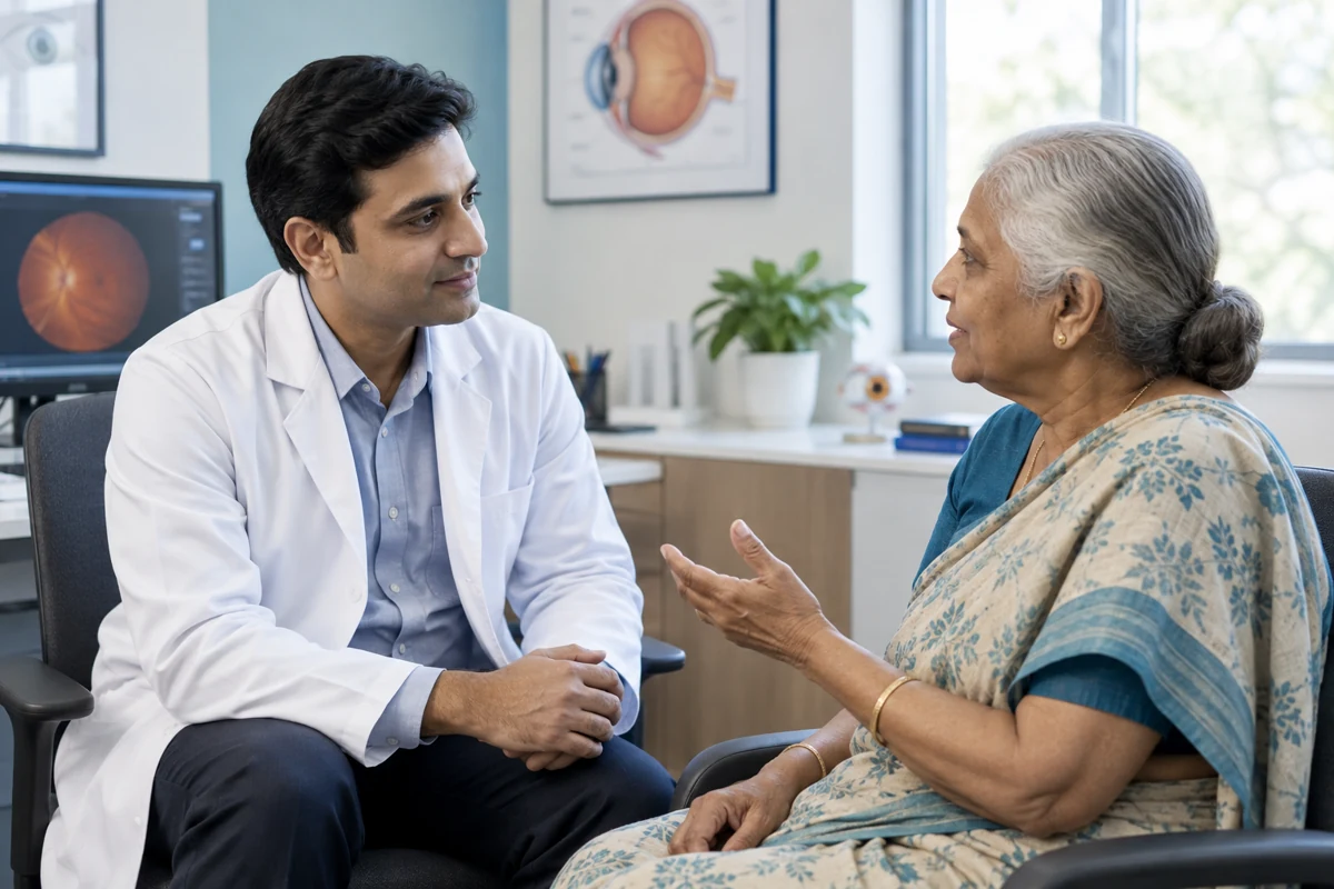 Illustrative consultation: an ophthalmologist listening to a patient